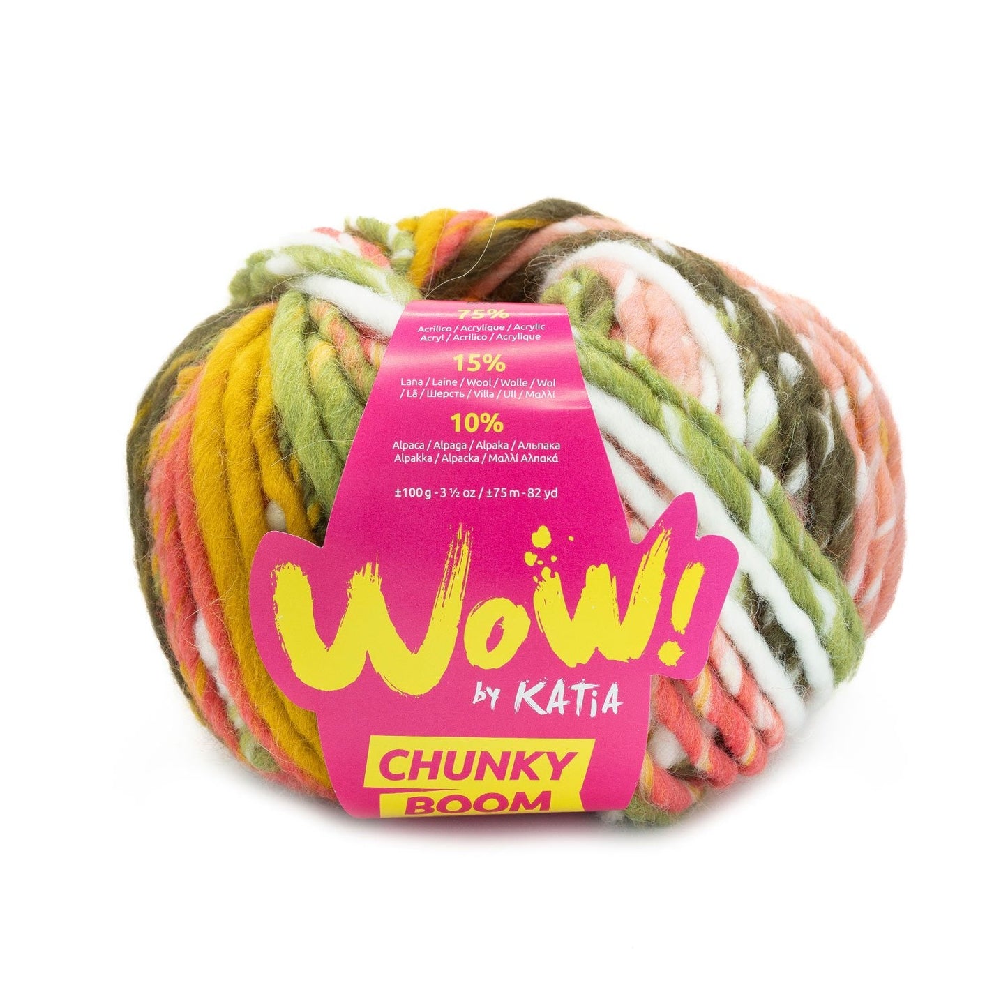 Wow Chunky Boom Yarn 100G Col 304 Green - Ochre - Rose